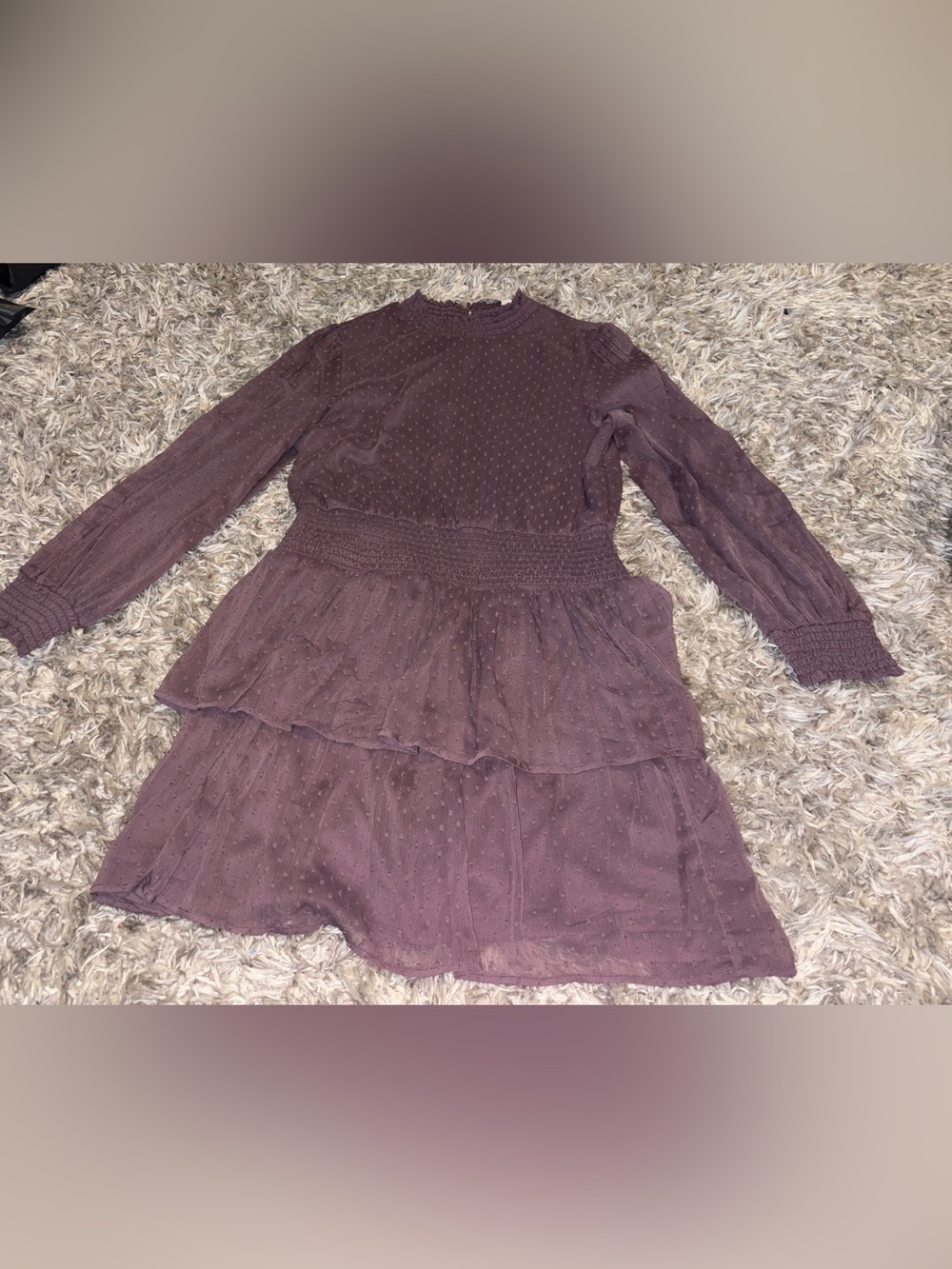 American Eagle Long Sleeve Clip Dot Smocked Tiered Mini Dress Sz L NWT